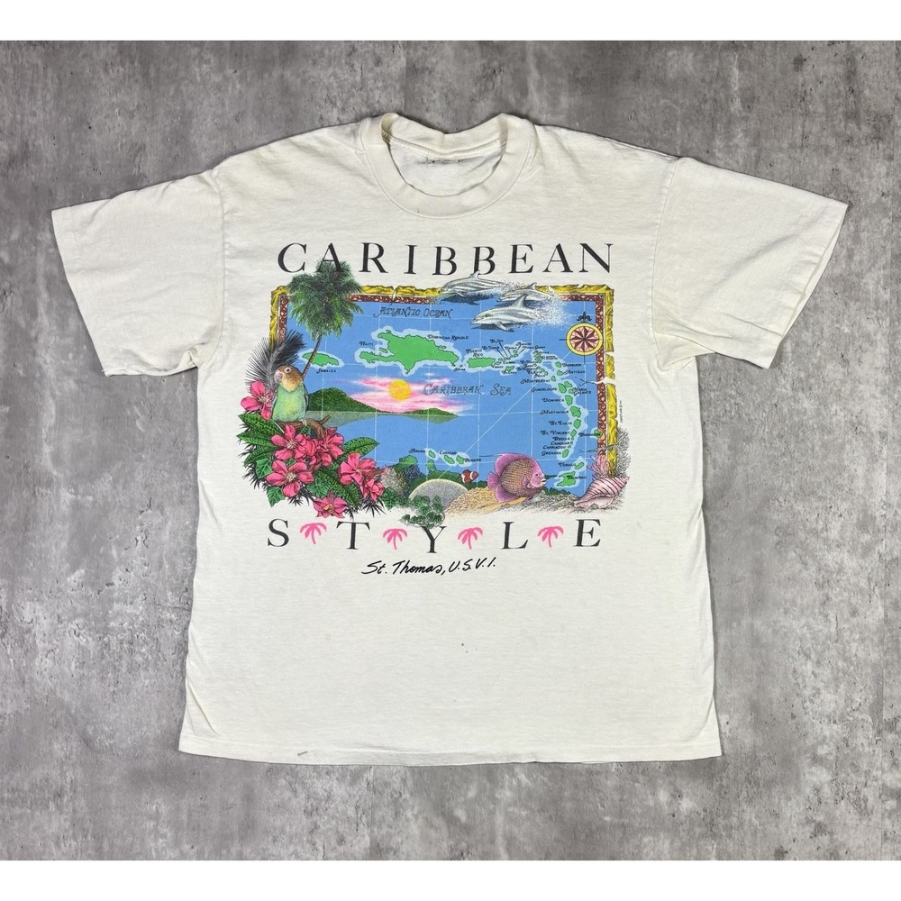 Vintage Caribbean Style Beach Art T Shirt White Stedman 90s USA Mens Large